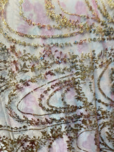 Load image into Gallery viewer, Gletter Metallic Designs On Mesh flowers Lace Non Stretch Fabric With Sequins By Yard rosa gold