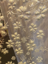 Load image into Gallery viewer, Gletter Metallic Sequins flowers Designs On Gold Mesh Lace Non Stretch Fabric With Sequins By Yard Gold /rosa