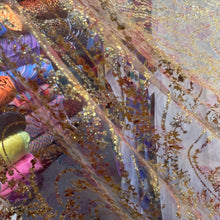 Load image into Gallery viewer, Gletter Metallic Designs On Mesh flowers Lace Non Stretch Fabric With Sequins By Yard rosa gold