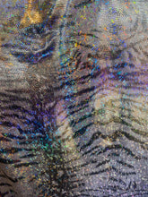 Load image into Gallery viewer, iridescent Hologram black White tiger design spandex stretch for all 4 sides 58/60 wide sold by the yard
