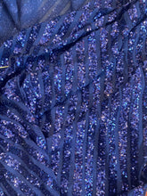 Load image into Gallery viewer, Navy Blue Stripe Desings Stretch Sequins 4 Way On Blue Mesh Sequins Fabric By Yard
