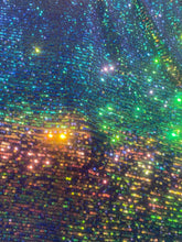 Load image into Gallery viewer, Green/gold Mini Iridescent Sequins Stretch On 4 Way Black Stretch Mesh Sequins Fabric By Yard
