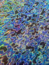 Load image into Gallery viewer, iridescent Hologram blue/black lava design spandex stretch for all 4 sides 58/60 wide sold by the yard
