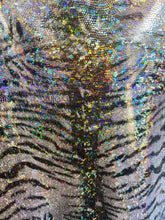 Load image into Gallery viewer, iridescent Hologram black White tiger design spandex stretch for all 4 sides 58/60 wide sold by the yard
