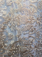 Load image into Gallery viewer, peach embroidered lace with rhinestonesMesh sold by the yard
