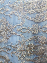 Load image into Gallery viewer, peach embroidered lace with rhinestonesMesh sold by the yard
