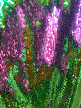 Load image into Gallery viewer, Green/ purple Reversible Stretch Sequins On 2 Way Stretch Spandex Sequins Fabric By Yard
