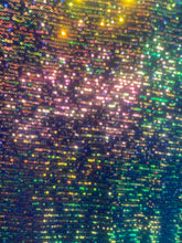 Load image into Gallery viewer, Green/gold Mini Iridescent Sequins Stretch On 4 Way Black Stretch Mesh Sequins Fabric By Yard
