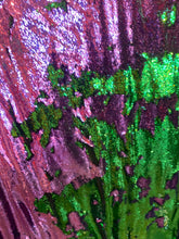 Load image into Gallery viewer, Green/ purple Reversible Stretch Sequins On 2 Way Stretch Spandex Sequins Fabric By Yard
