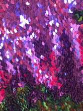 Load image into Gallery viewer, Green/ purple Reversible Stretch Sequins On 2 Way Stretch Spandex Sequins Fabric By Yard
