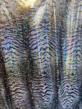 Load image into Gallery viewer, iridescent Hologram black White tiger design spandex stretch for all 4 sides 58/60 wide sold by the yard
