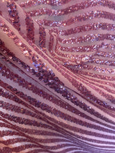 Load image into Gallery viewer, Striped sequin fabric with Mesh stretches for all 4 sides in rosa pink sold by the yard
