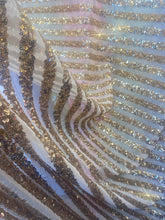 Load image into Gallery viewer, Striped sequin fabric with Mesh stretches for all 4 sides in L gold sold by the yard
