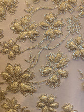 Load image into Gallery viewer, Gletter Metallic Sequins flowers Designs On Gold Mesh Lace Non Stretch Fabric With Sequins By Yard Gold /rosa
