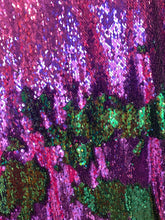 Load image into Gallery viewer, Green/ purple Reversible Stretch Sequins On 2 Way Stretch Spandex Sequins Fabric By Yard
