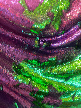 Load image into Gallery viewer, Green/ purple Reversible Stretch Sequins On 2 Way Stretch Spandex Sequins Fabric By Yard
