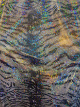 Load image into Gallery viewer, iridescent Hologram black White tiger design spandex stretch for all 4 sides 58/60 wide sold by the yard
