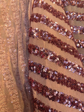 Load image into Gallery viewer, Striped sequin fabric with Mesh stretches for all 4 sides in rosa pink sold by the yard
