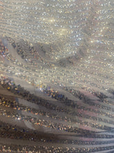 Load image into Gallery viewer, Striped sequin fabric with Mesh silver stretches for all 4 sides in silver sold by the yard
