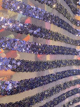 Load image into Gallery viewer, Navy Blue Stripe Desings Stretch Sequins 4 Way On Blue Mesh Sequins Fabric By Yard
