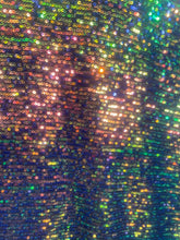 Load image into Gallery viewer, Green/gold Mini Iridescent Sequins Stretch On 4 Way Black Stretch Mesh Sequins Fabric By Yard
