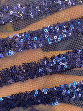 Load image into Gallery viewer, Navy Blue Stripe Desings Stretch Sequins 4 Way On Blue Mesh Sequins Fabric By Yard
