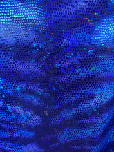 Load image into Gallery viewer, iridescent Hologram R/blue tiger design spandex stretch for all 4 sides 58/60 wide sold by the yard
