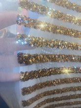 Load image into Gallery viewer, Striped sequin fabric with Mesh stretches for all 4 sides in L gold sold by the yard
