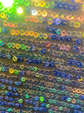 Load image into Gallery viewer, Green/gold Mini Iridescent Sequins Stretch On 4 Way Black Stretch Mesh Sequins Fabric By Yard
