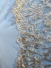 Load image into Gallery viewer, peach embroidered lace with rhinestonesMesh sold by the yard
