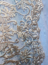 Load image into Gallery viewer, peach embroidered lace with rhinestonesMesh sold by the yard
