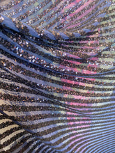 Load image into Gallery viewer, Striped sequin fabric with Mesh stretches for all 4 sides in navy sold by the yard
