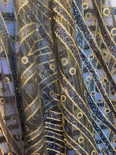 Load image into Gallery viewer, Gletter Metallic   Designs On Black Mesh Lace Non Stretch Fabric With Sequins By Yard Gold
