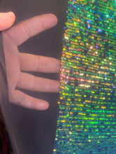 Load image into Gallery viewer, Green/gold Mini Iridescent Sequins Stretch On 4 Way Black Stretch Mesh Sequins Fabric By Yard
