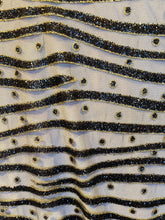 Load image into Gallery viewer, Gletter Metallic   Designs On Black Mesh Lace Non Stretch Fabric With Sequins By Yard Gold
