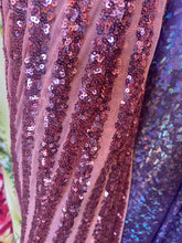 Load image into Gallery viewer, Striped sequin fabric with Mesh stretches for all 4 sides in rosa pink sold by the yard
