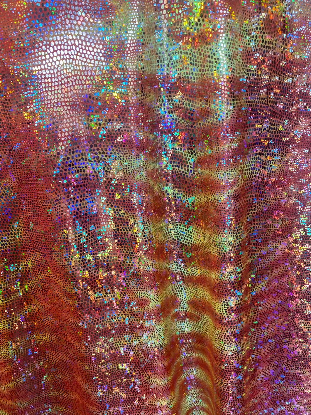 iridescent Hologram Orage tiger design spandex stretch for all 4 sides 58/60 wide sold by the yard