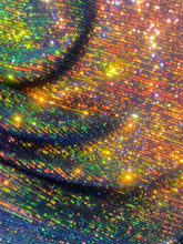 Load image into Gallery viewer, Green/gold Mini Iridescent Sequins Stretch On 4 Way Black Stretch Mesh Sequins Fabric By Yard
