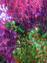 Load image into Gallery viewer, Green/ purple Reversible Stretch Sequins On 2 Way Stretch Spandex Sequins Fabric By Yard
