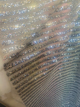 Load image into Gallery viewer, Striped sequin fabric with Mesh silver stretches for all 4 sides in silver sold by the yard
