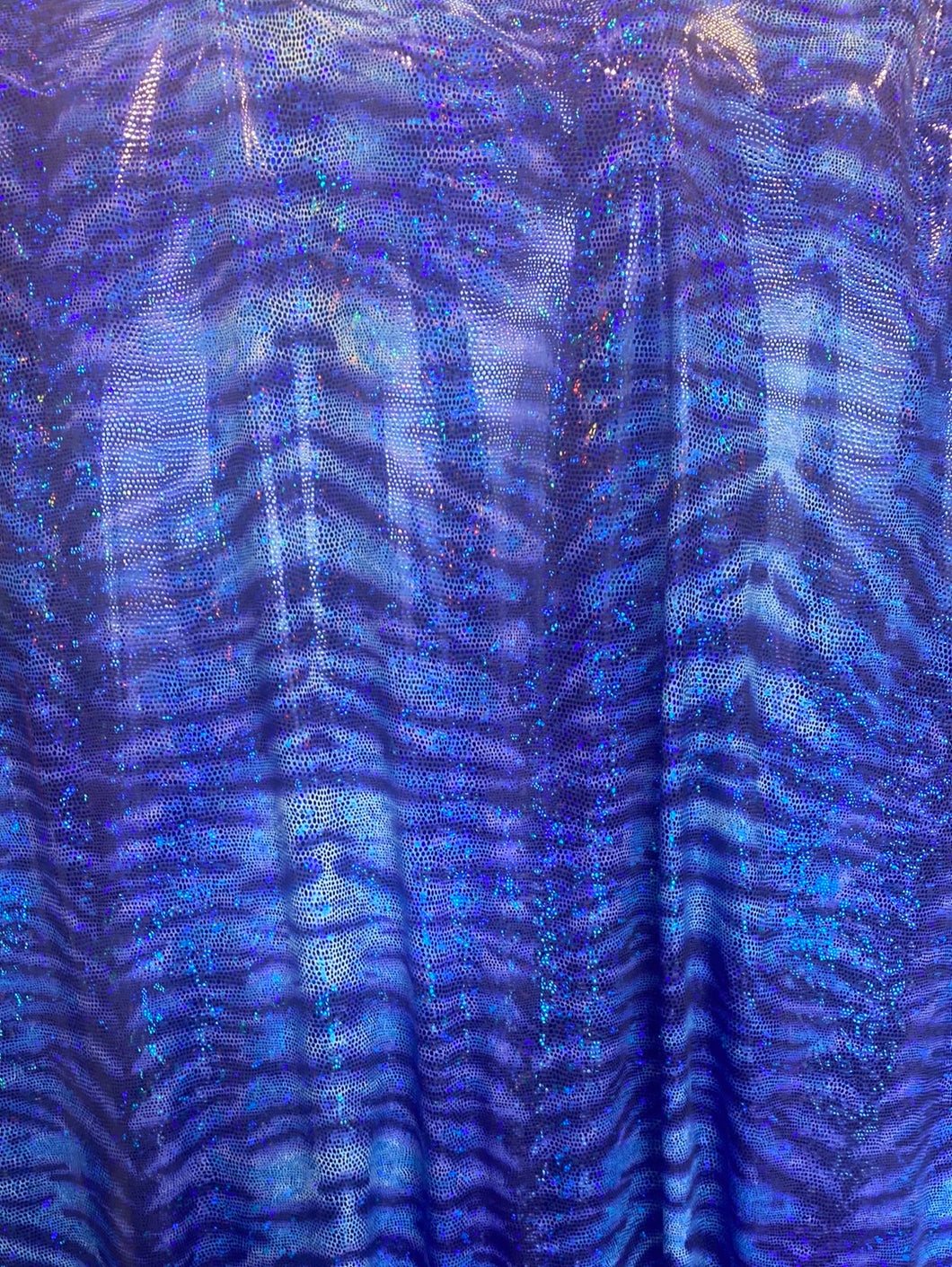 iridescent Hologram roya blue tiger design spandex stretch for all 4 sides 58/60 wide sold by the yard