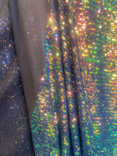 Load image into Gallery viewer, Green/gold Mini Iridescent Sequins Stretch On 4 Way Black Stretch Mesh Sequins Fabric By Yard
