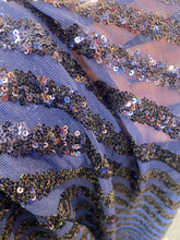 Load image into Gallery viewer, Striped sequin fabric with Mesh stretches for all 4 sides in navy sold by the yard
