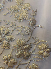 Load image into Gallery viewer, Gletter Metallic Sequins flowers Designs On Gold Mesh Lace Non Stretch Fabric With Sequins By Yard Gold /rosa
