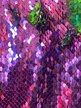 Load image into Gallery viewer, Green/ purple Reversible Stretch Sequins On 2 Way Stretch Spandex Sequins Fabric By Yard
