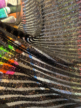 Load image into Gallery viewer, Striped sequin fabric with Mesh stretches for all 4 sides in black/black sold by the yard
