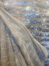 Load image into Gallery viewer, Striped sequin fabric with Mesh silver stretches for all 4 sides in silver sold by the yard
