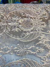 Load image into Gallery viewer, peach embroidered lace with rhinestonesMesh sold by the yard
