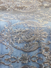 Load image into Gallery viewer, peach embroidered lace with rhinestonesMesh sold by the yard
