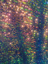 Load image into Gallery viewer, Green/gold Mini Iridescent Sequins Stretch On 4 Way Black Stretch Mesh Sequins Fabric By Yard
